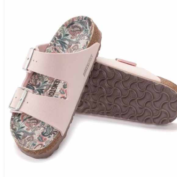 Birkenstock Shoes - Birkenstock Sandals Vegan Birks Pale Pink Two Straps Big Buckles Printed Foorbed